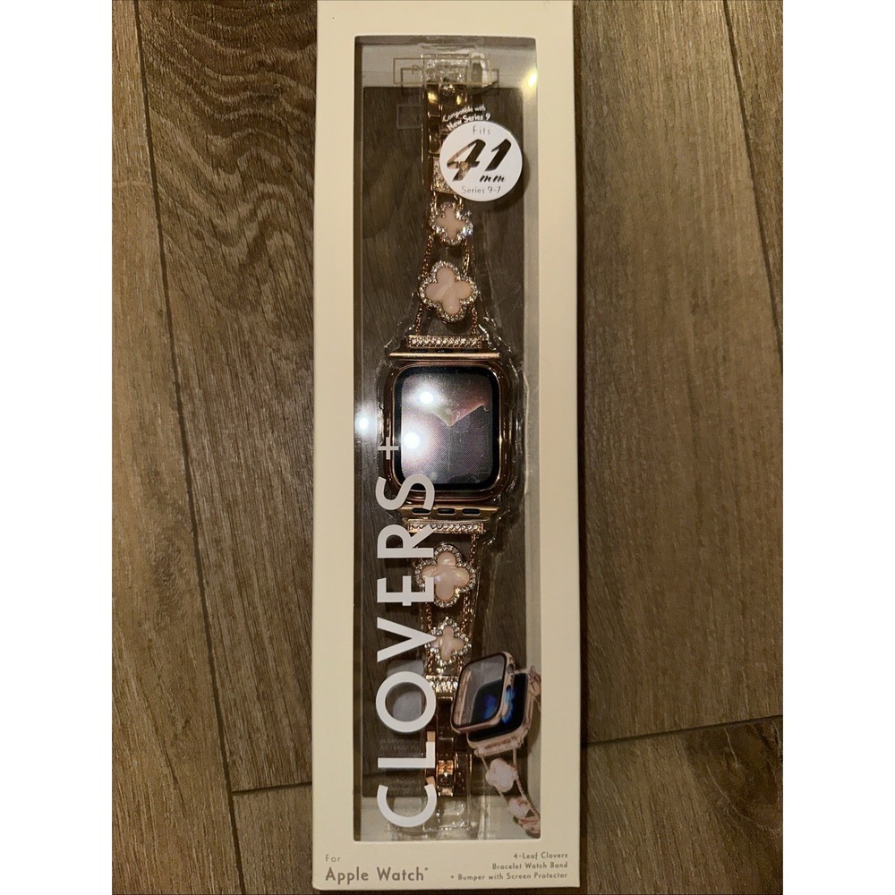 Pink Sky Gold 4 Leaf Clovers Bracelet Watch Band w Screen Protection iPhone